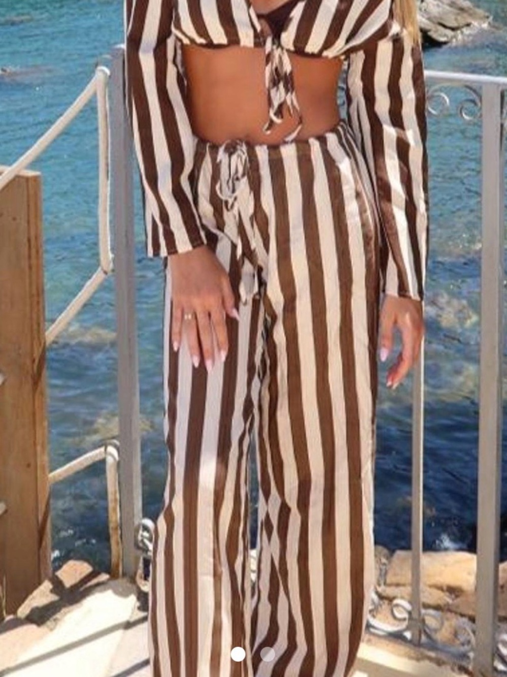 Striped Brown & White Wide-Leg Drawstring Pants
